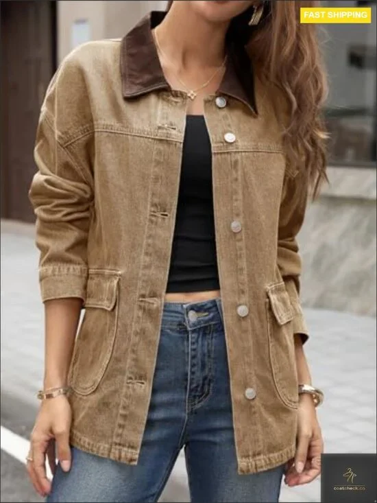 Oversized Denim Jacket Casual Contrast Canvas Collar Button Down Streetwear - Picture 3 of 6